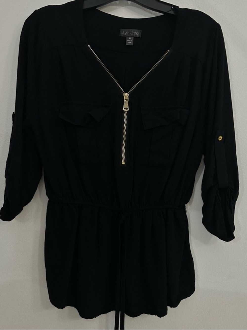 J for Justify Black Top with Gold Zipper Trim